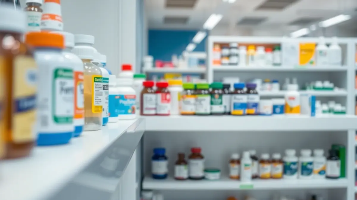 Generic image of medicines on a pharmacy shelf, symbolizing pharmaceutical distribution.