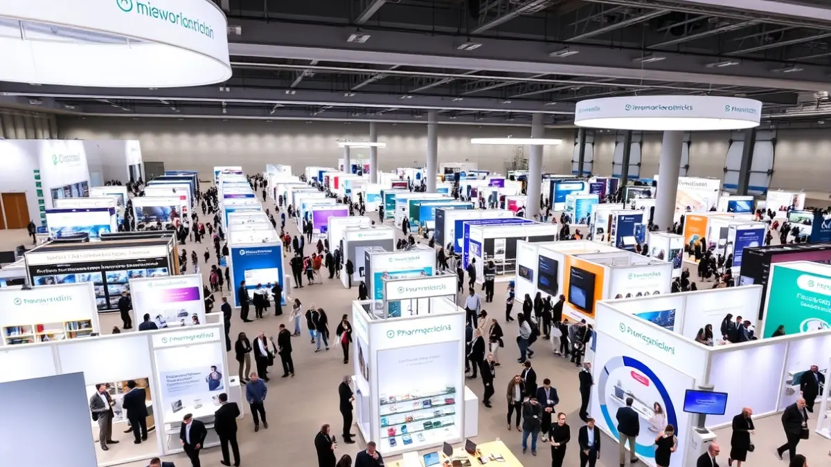 Generic image of a pharmaceutical forum with professionals interacting at a booth.