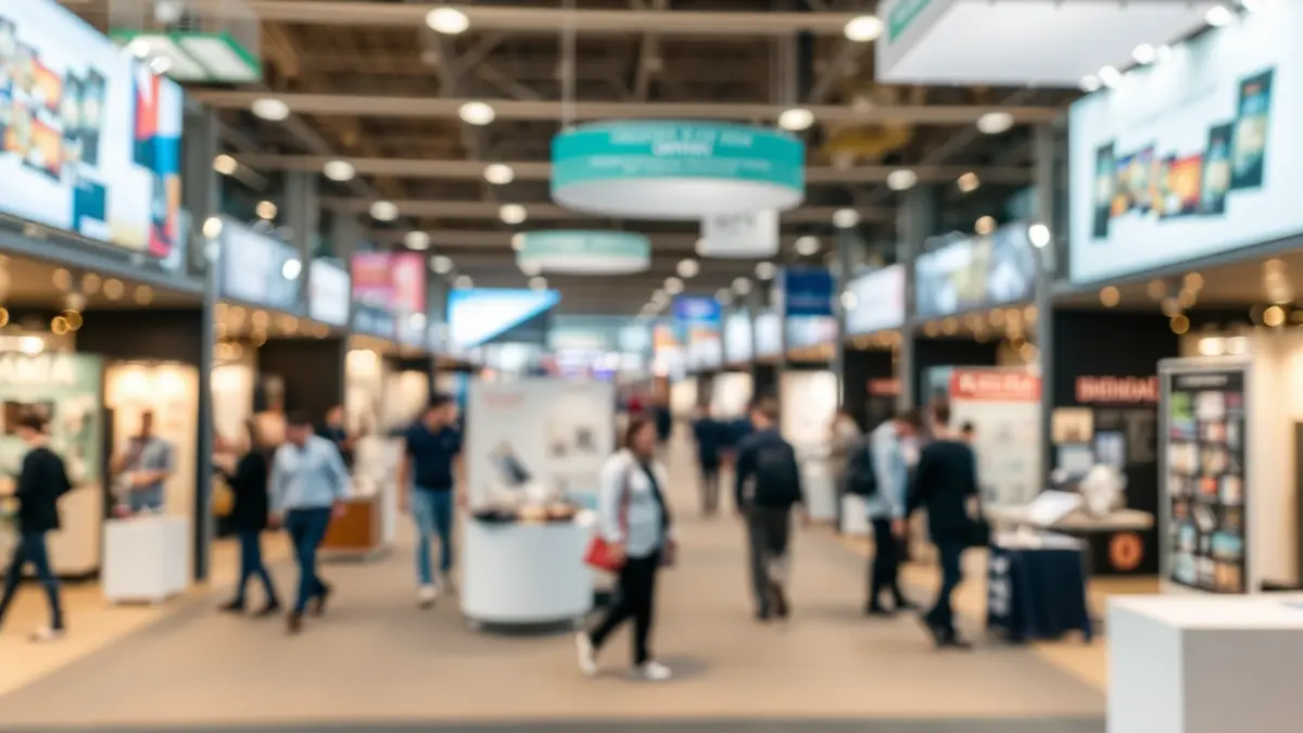 Imagen genérica de un recinto ferial con stands y visitantes.