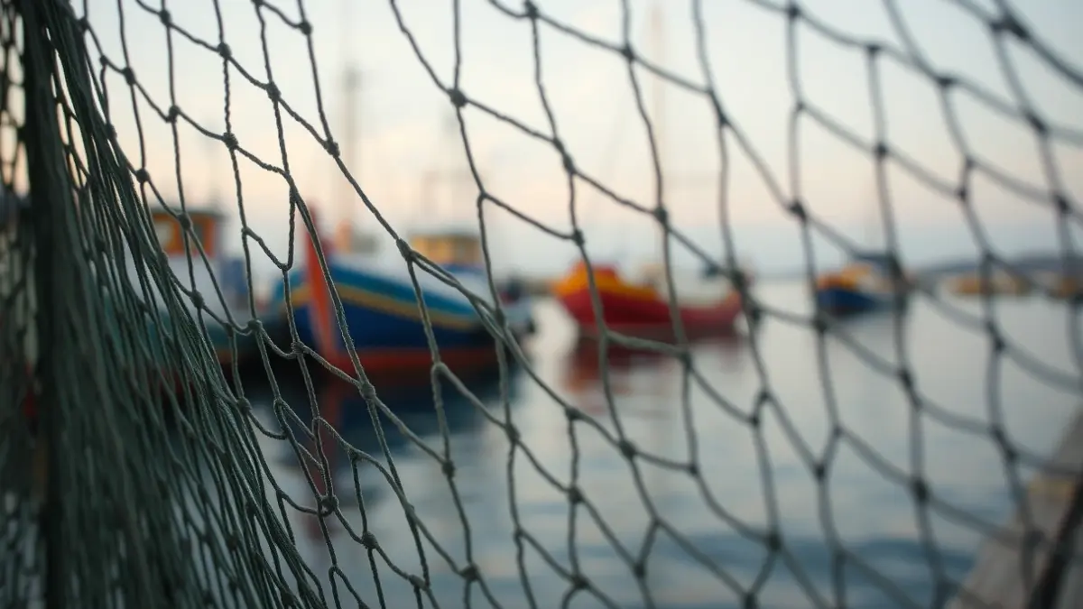 Imaxe xenérica dunha rede de pesca nun porto galego ao amencer.