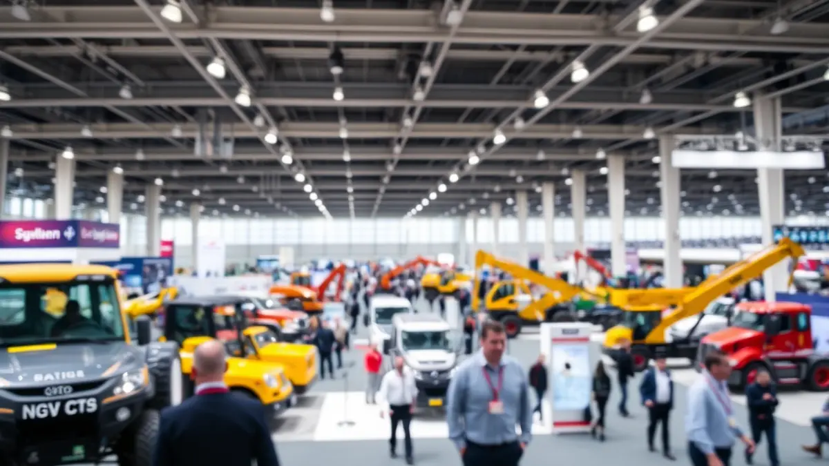 Generic image of an exhibition hall with industrial vehicles and construction machinery.