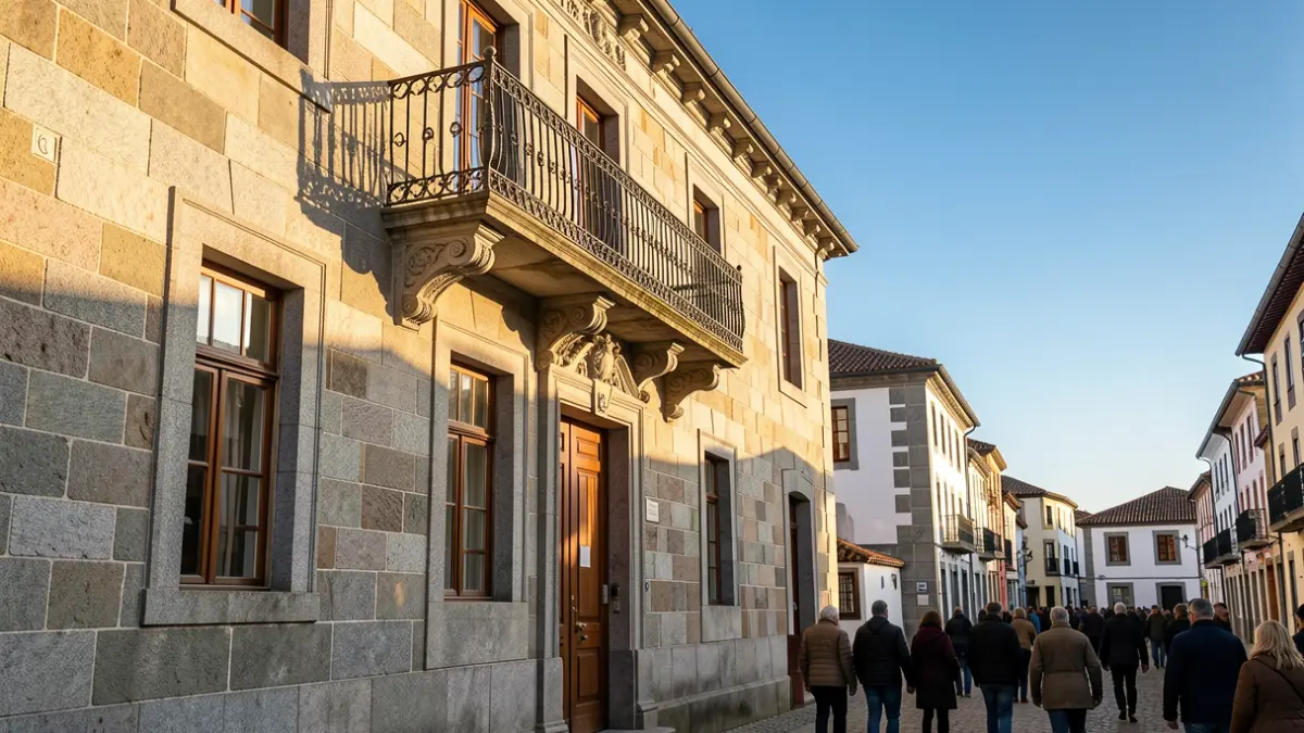 Imaxe xenérica dun concello galego de granito con balcón ornamentado.