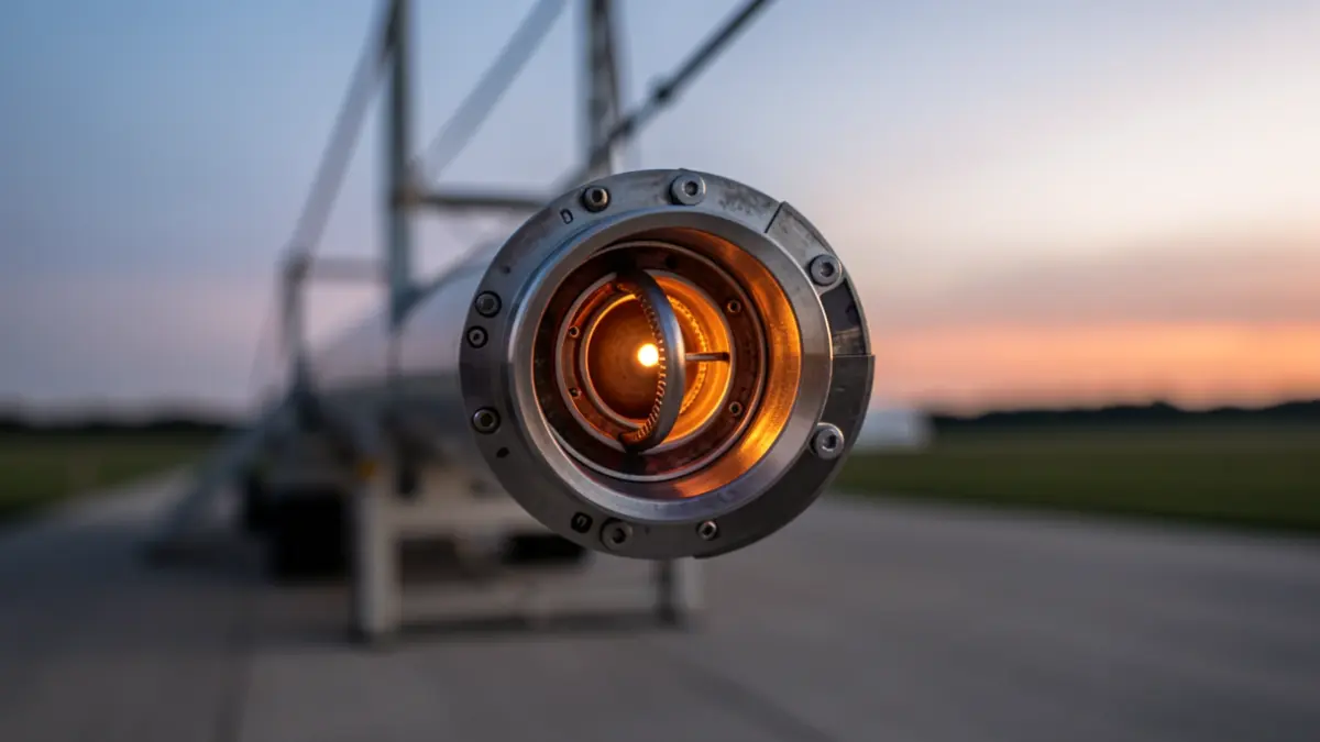 Detail of a rocket engine with metallic textures and a slight glow, against a blurred background of a launchpad.
