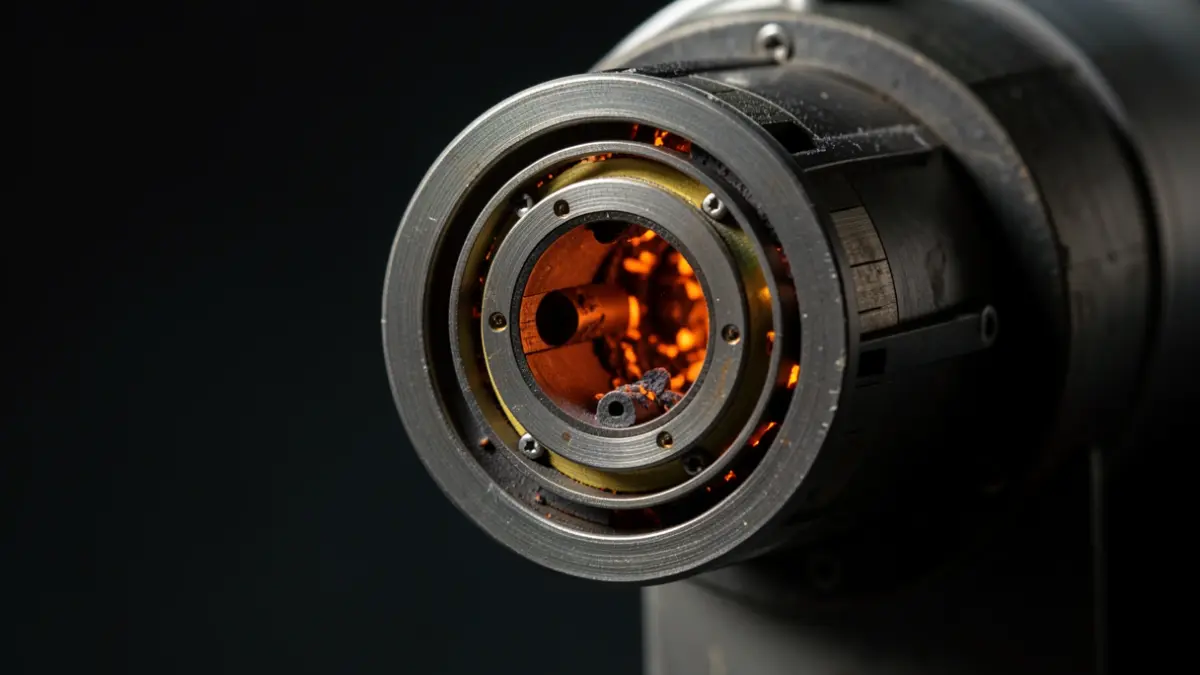 Detail of an amateur rocket engine with glowing embers.