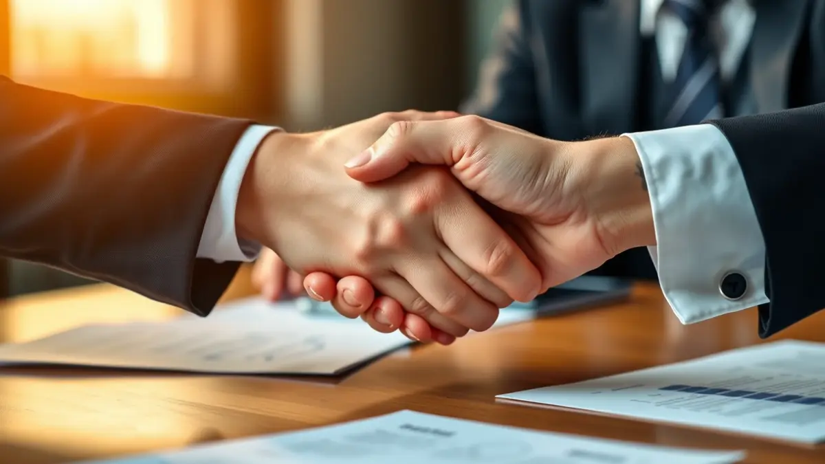 Generic image of two hands shaking over a desk with paperwork, symbolizing an agreement or leadership transition.