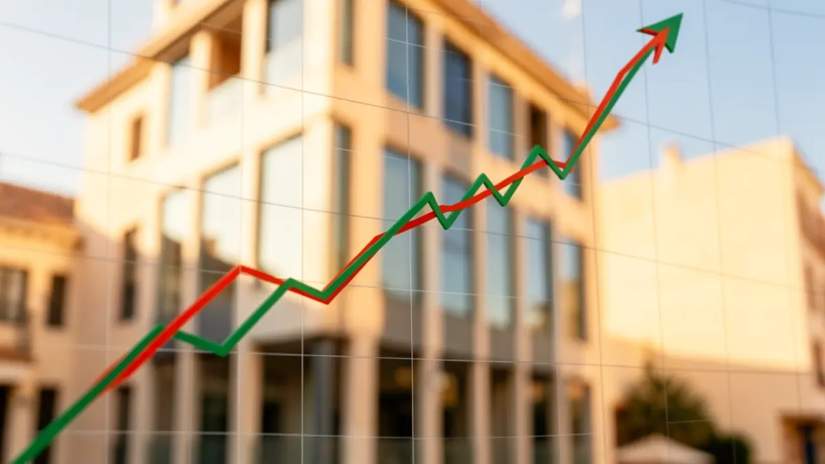 Gráfico financiero ascendente con un edificio de oficinas andaluz desenfocado al fondo.