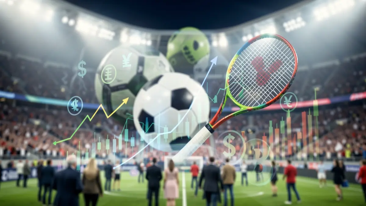 Imagen genérica de inversión financiera en el deporte, con elementos de equipamiento deportivo y gráficos financieros.