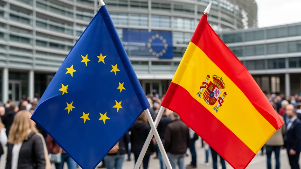 European Union and Spanish flags intertwined with the European Parliament in the background.