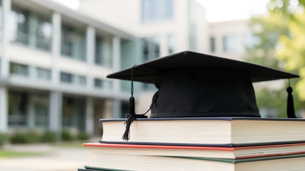 Imagen genérica de un birrete de graduación sobre libros.