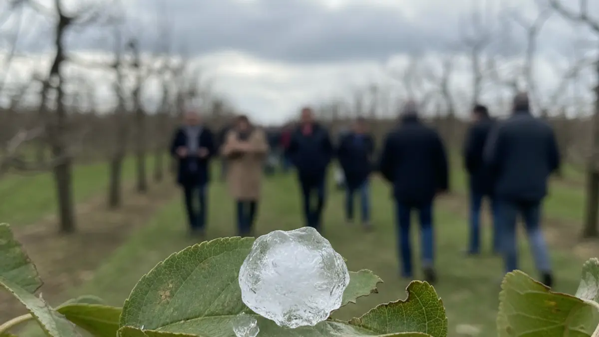 Granizo sobre una hoja dañada de un árbol frutal.