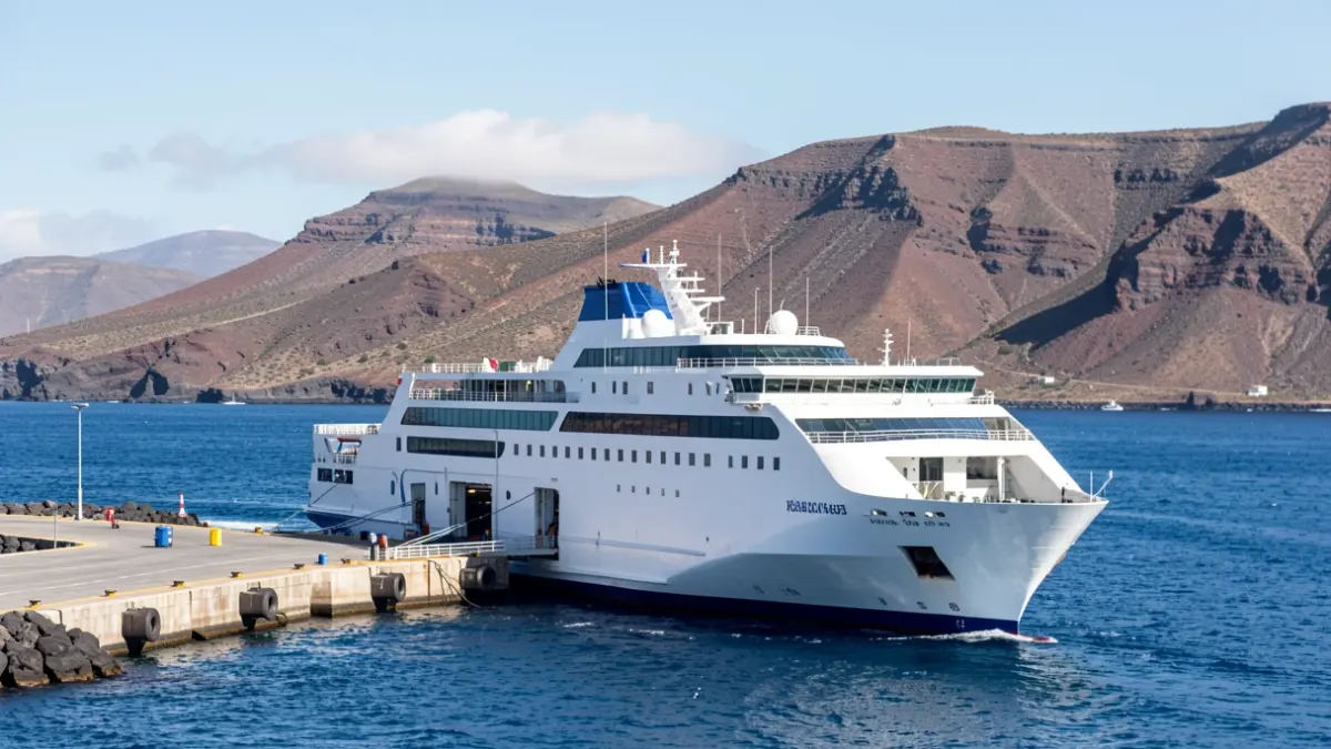 Fred. Olsen ferry docked at a port in the Canary Islands.