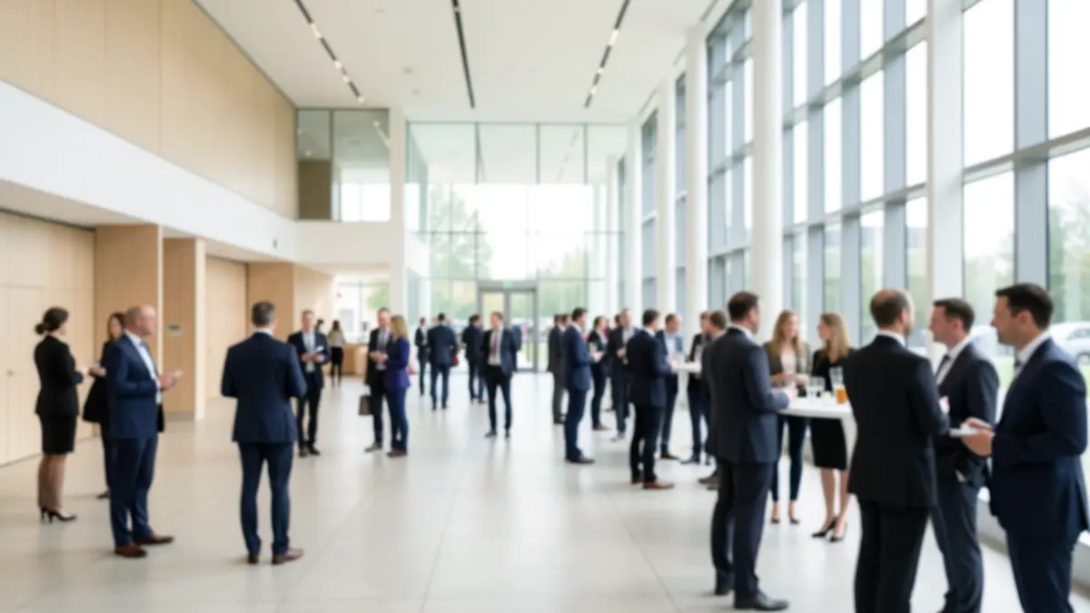Imagen genérica de un centro de convenciones moderno con profesionales en un evento corporativo.
