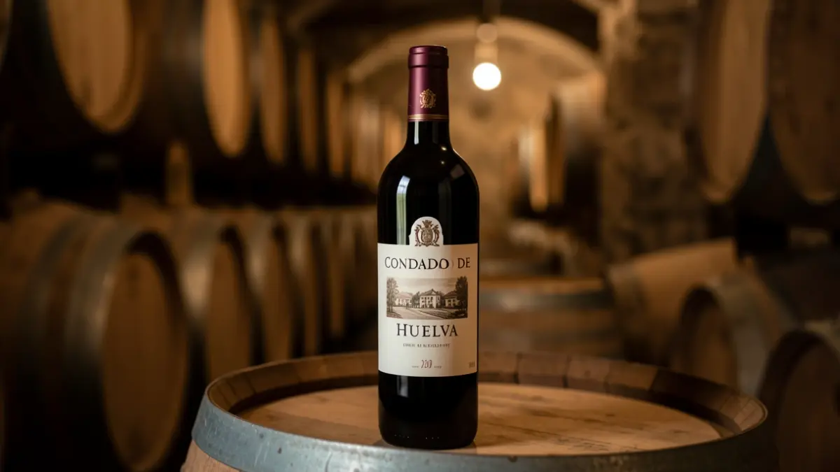 Botella de vino de la Denominación de Origen Condado de Huelva en una bodega.
