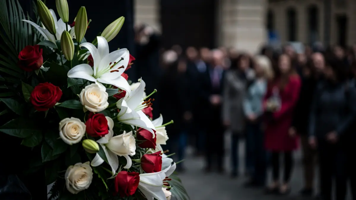 Primer plano de un arreglo floral funerario con lirios y rosas.