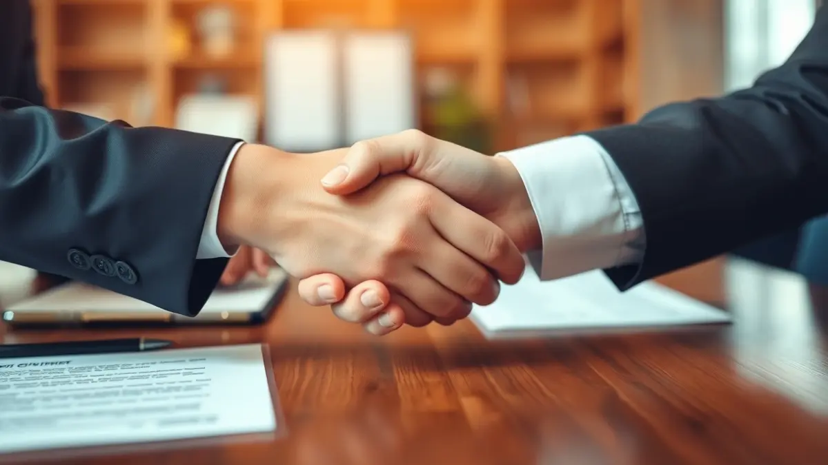 Imagen genérica de dos manos estrechándose sobre un escritorio, simbolizando un acuerdo empresarial.
