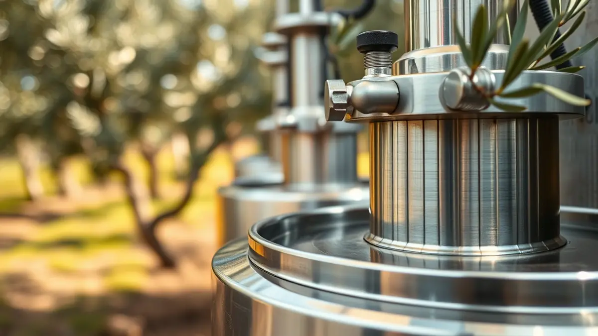 Image of a modern olive oil press machine at an industrial fair.
