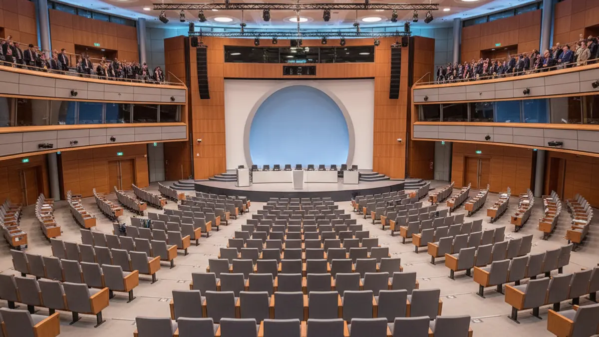 Generic image of a congress palace interior, with empty chairs and a large stage.