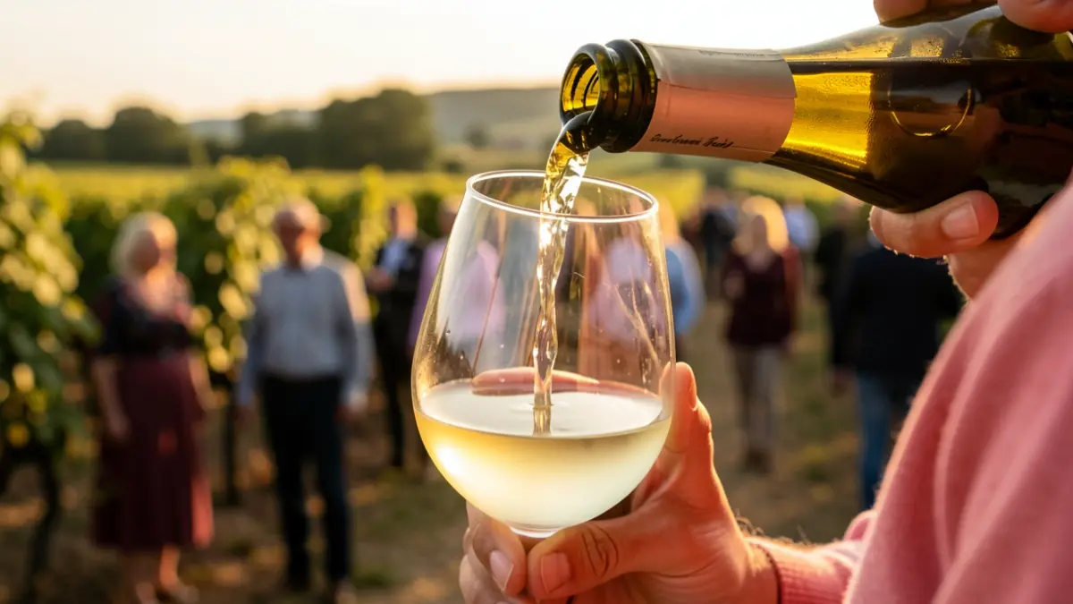 Una copa de vino txakoli siendo servida con viñedos desenfocados al fondo.