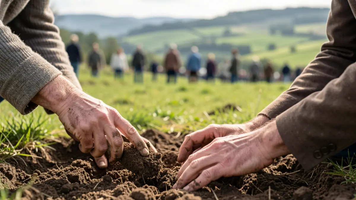 Hands of a farmer working the soil in a green landscape of Gipuzkoa.