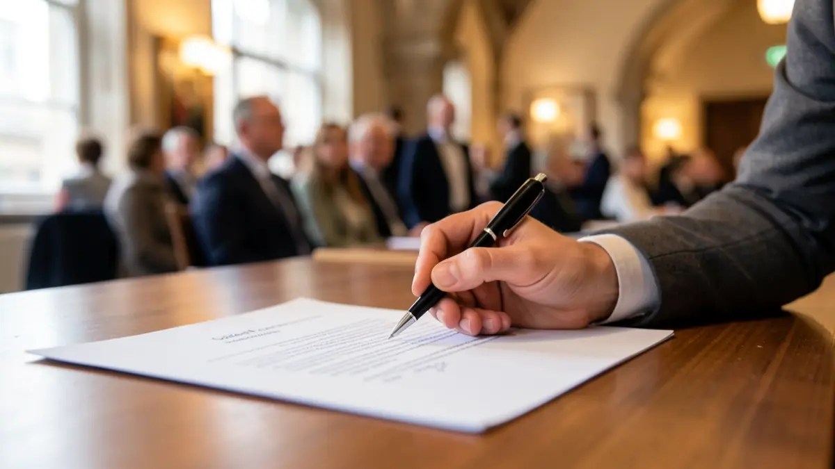 Generic image: A hand signing a document on an office desk, with warm lighting.