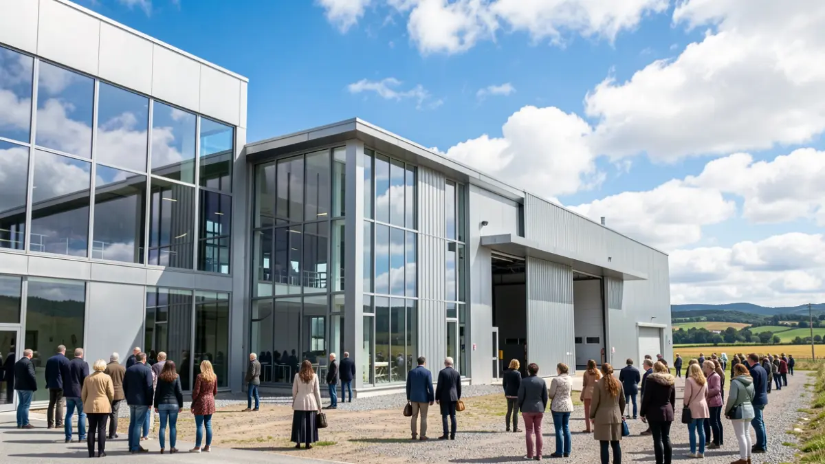 Imaxe dunha moderna nave industrial con grandes ventás e elementos metálicos, baixo un ceo azul brillante con nubes dispersas, suxerindo un novo comezo para unha antiga fábrica.