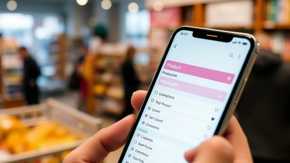 Pantalla de un teléfono móvil mostrando una lista de compras, con el interior borroso de una tienda local de fondo.