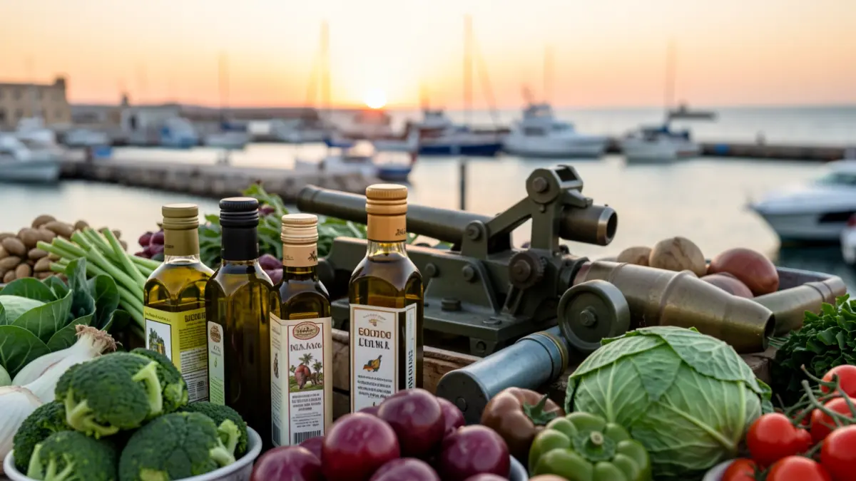 Imagen genérica de productos de exportación de Andalucía, incluyendo hortalizas, aceite de oliva y maquinaria.