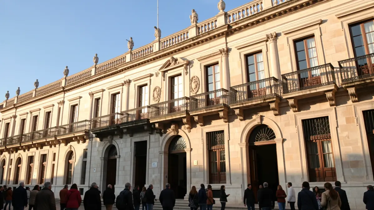 Facade of the Granada City Hall with ornate balconies and iron railings, bathed in warm afternoon sunlight, with a clear blue sky above.
