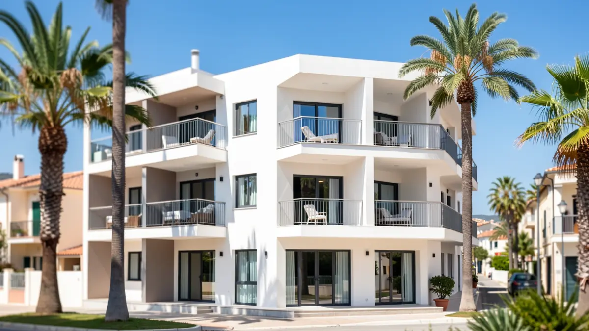 Facade of a modern boutique hotel in a Mediterranean coastal town.