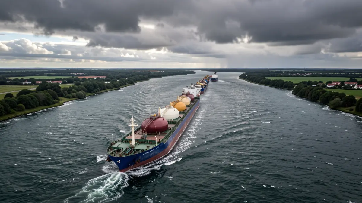Vista aérea dun gran buque de carga navegando por un estreito, transportando petroleiros, cun ceo dramático e mar axitado.