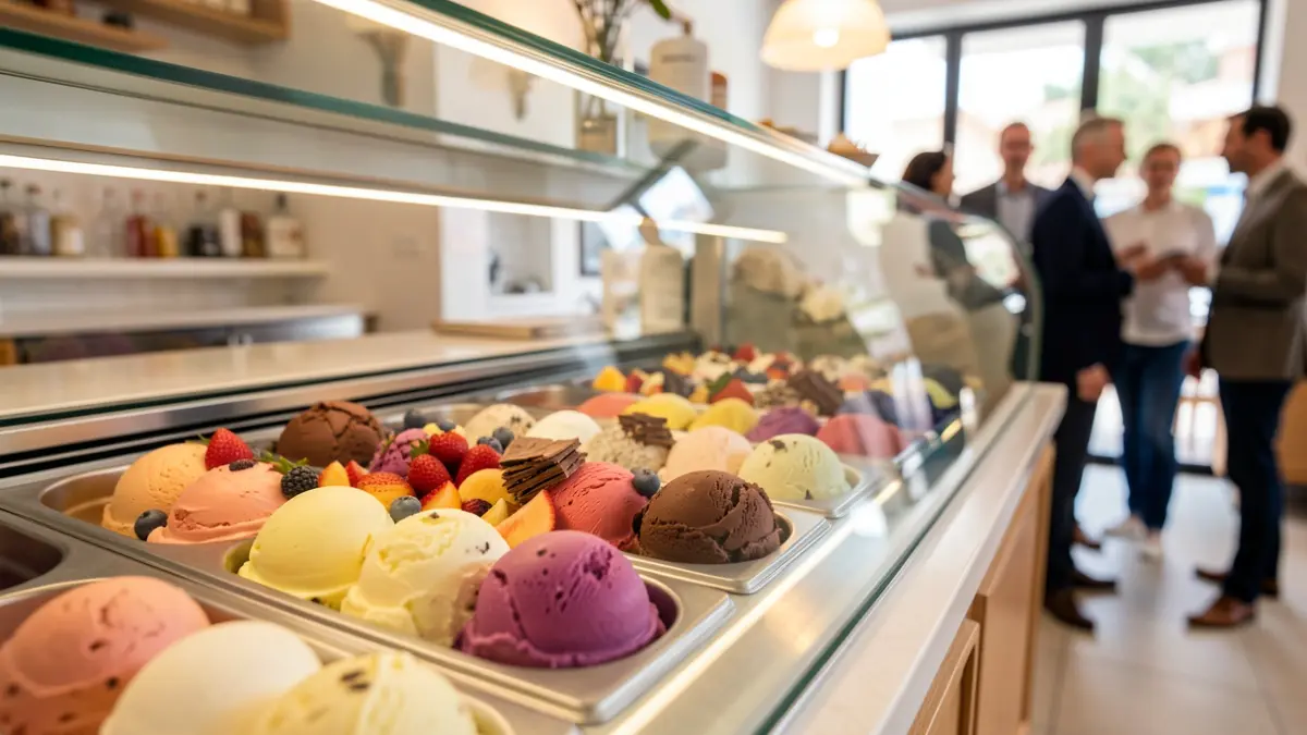 Primer plano de helados artesanales con ingredientes naturales en una vitrina moderna.