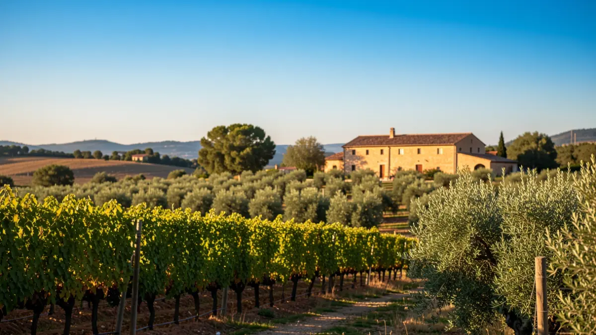 Imagen genérica de paisaje de viñedos y olivos en las Terres de l'Ebre con una bodega.