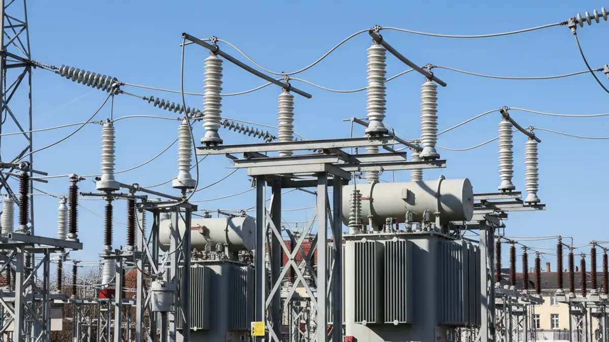 Generic image of a modern electrical substation with high-voltage transformers and insulators.