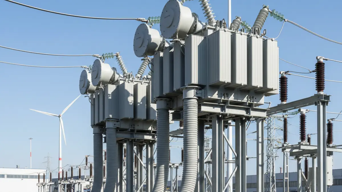 Image of modern electrical infrastructure with elevated transformers and buried cables in an industrial area.
