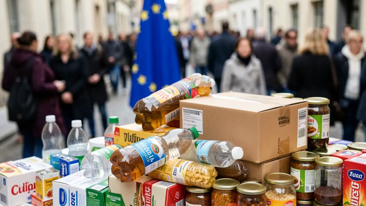 Imagen genérica de envases de alimentos y bebidas con la bandera de la UE desenfocada.