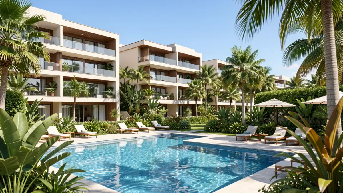 Imagen genérica de un complejo residencial tropical con piscina.