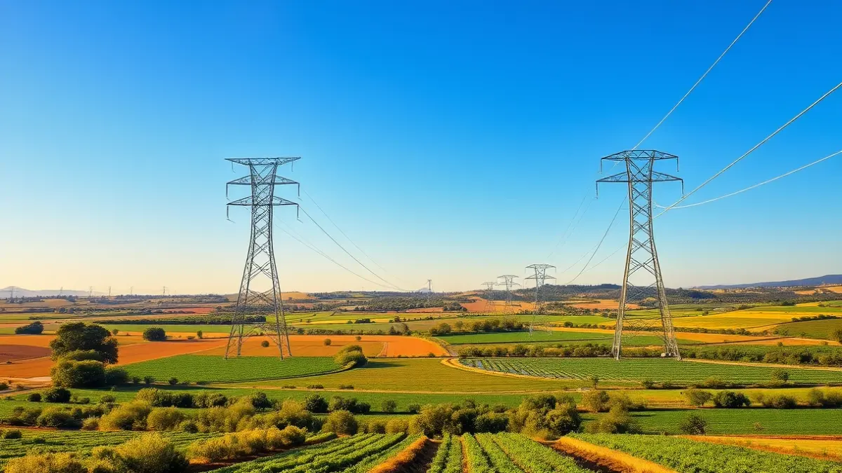 Imagen de una línea eléctrica de alta tensión cruzando campos de cultivo en una zona rural valenciana.