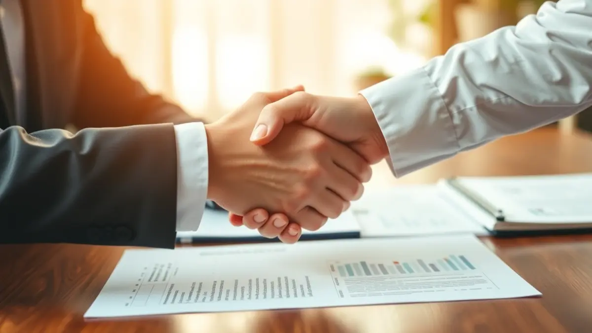 Generic image of a collaboration agreement between two entities, with hands shaking over a desk with documents.