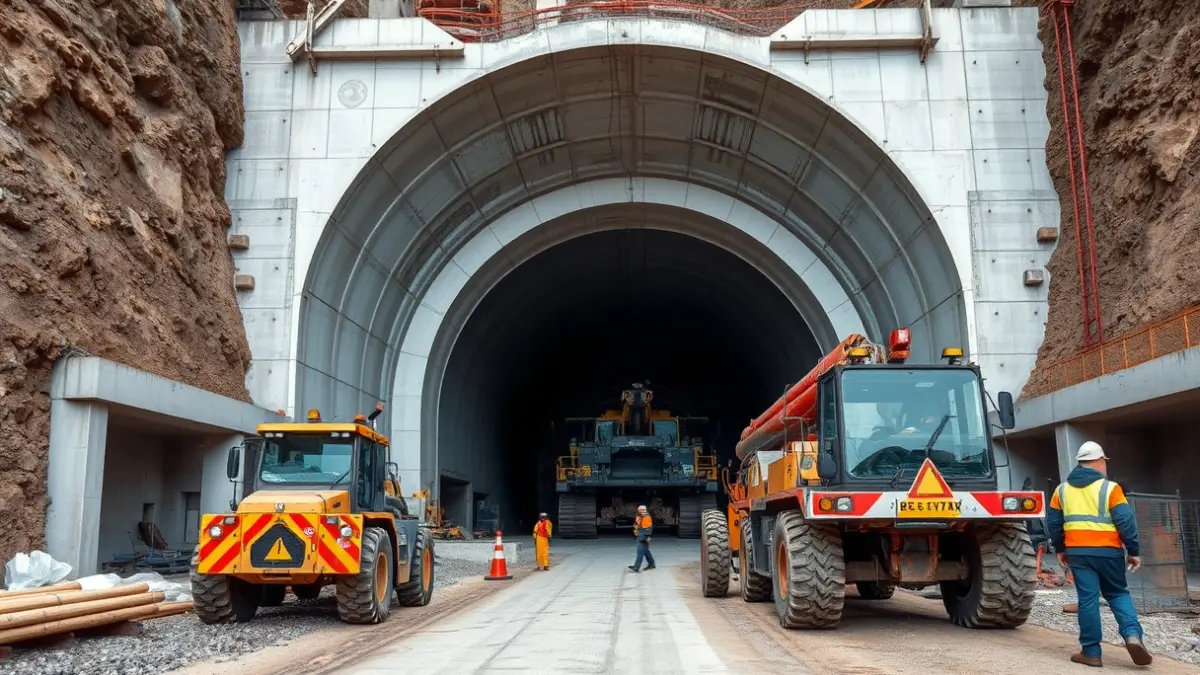 Construction work on a tunnel, with heavy machinery and safety workers.