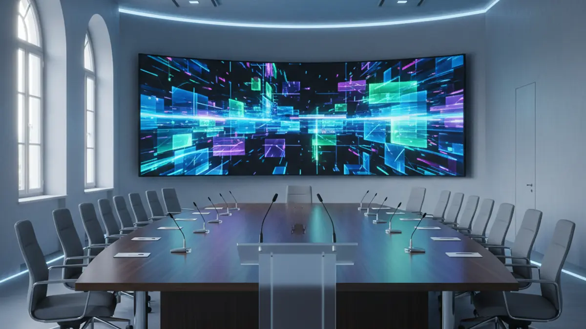 Imagen genérica de una sala de conferencias moderna con pantallas digitales y un podio, simbolizando un evento tecnológico.