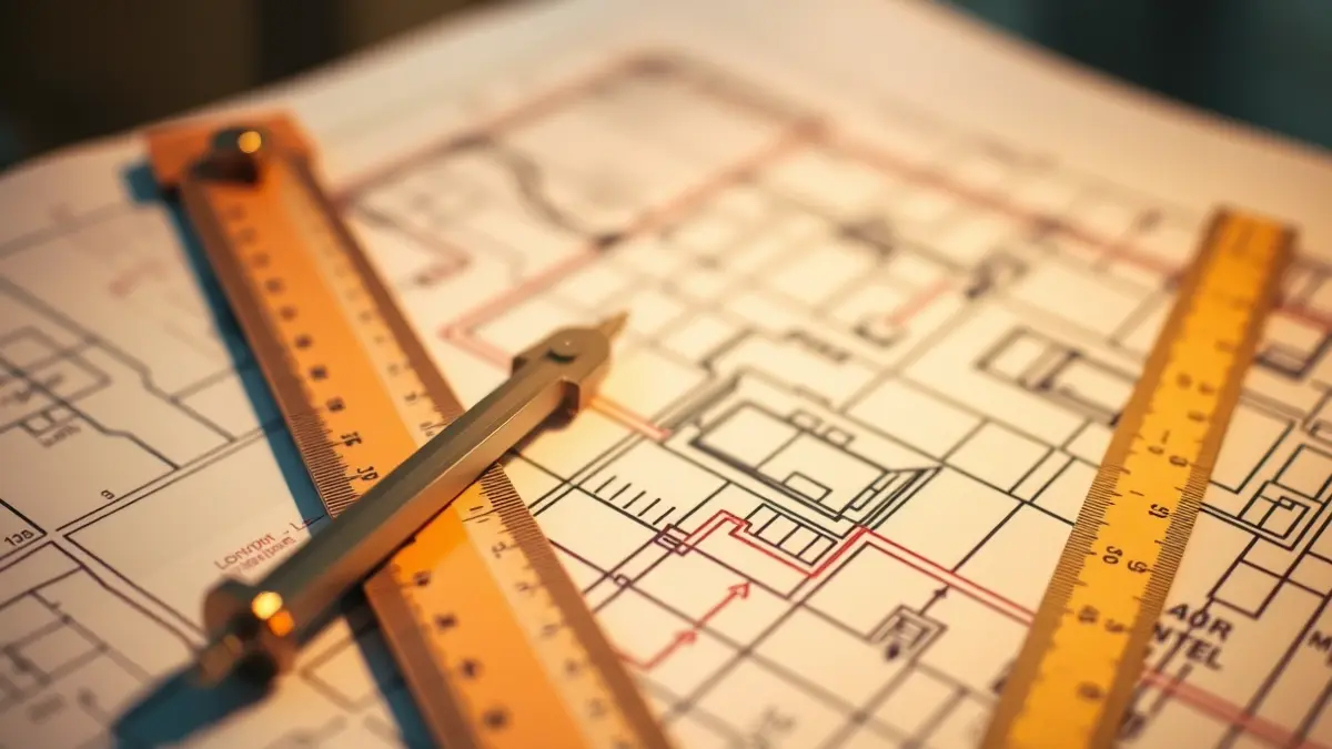 Imagen genérica de planos de ingeniería o arquitectura, con herramientas de dibujo.
