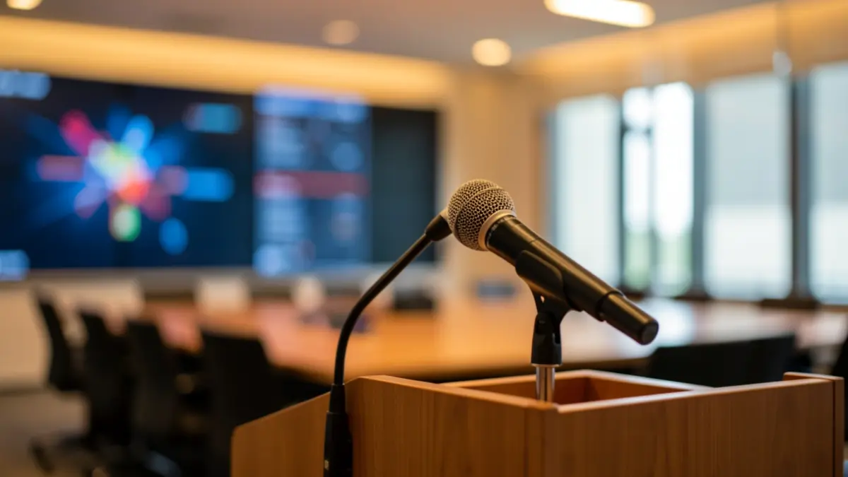 Generic image of a podium with a microphone.