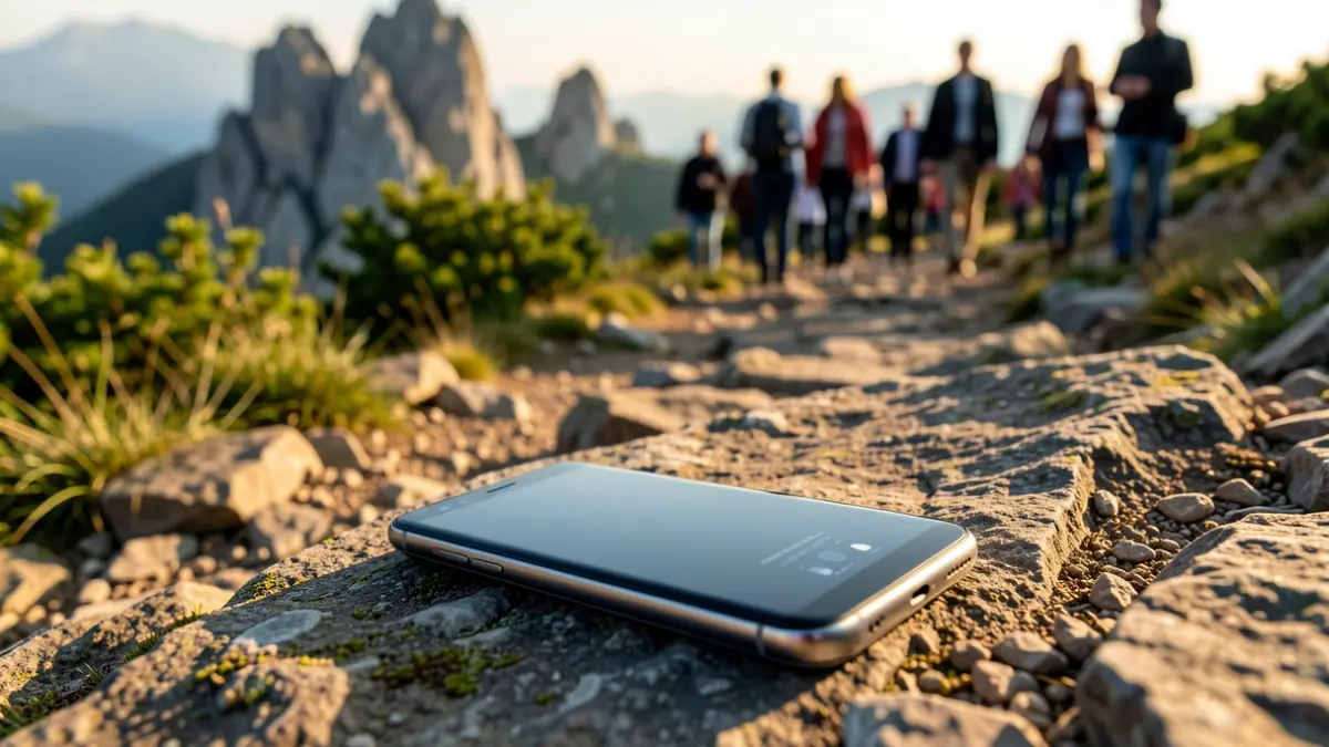 Generic image of a mobile phone on a rocky mountain path.