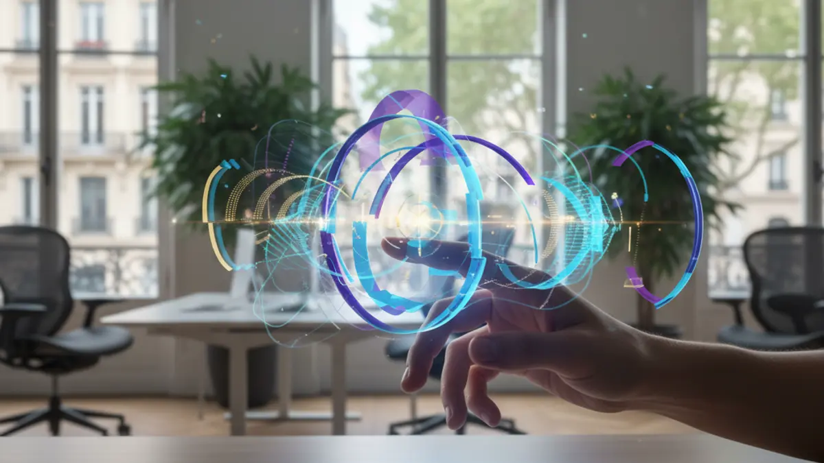Generic image of a hand interacting with a holographic interface displaying abstract data visualizations, representing artificial intelligence in the workplace.