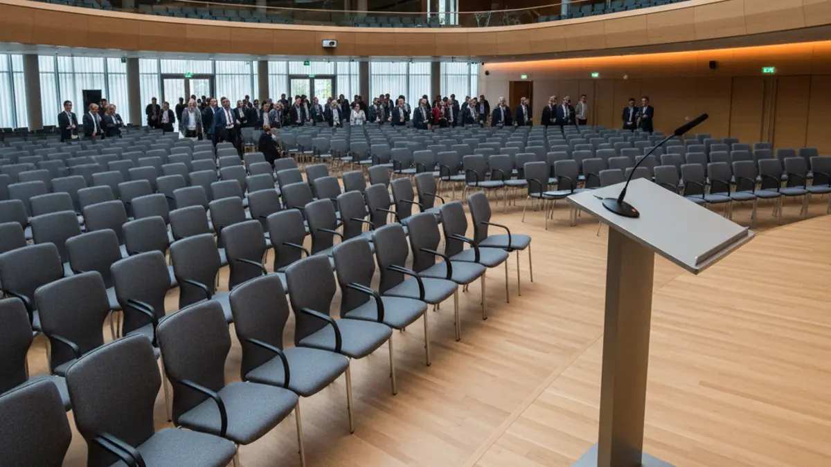 Generic image of an auditorium or conference hall set up for a business event.