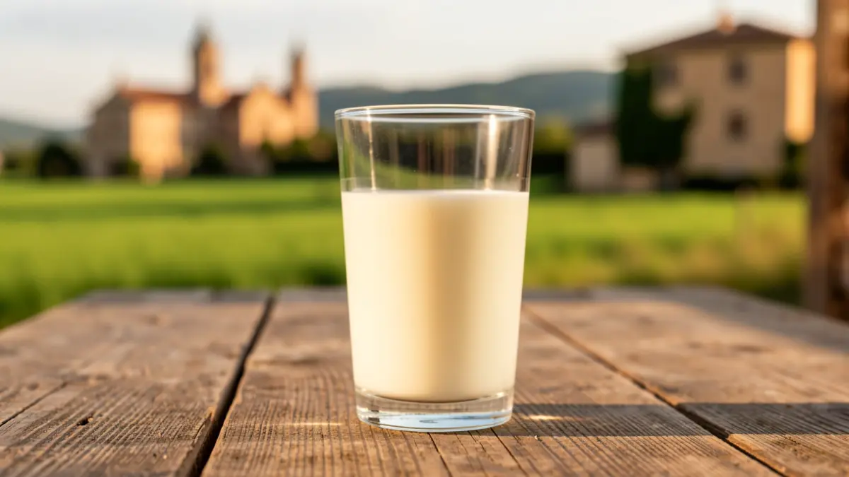 Generic image of fresh milk with a Catalan landscape in the background.