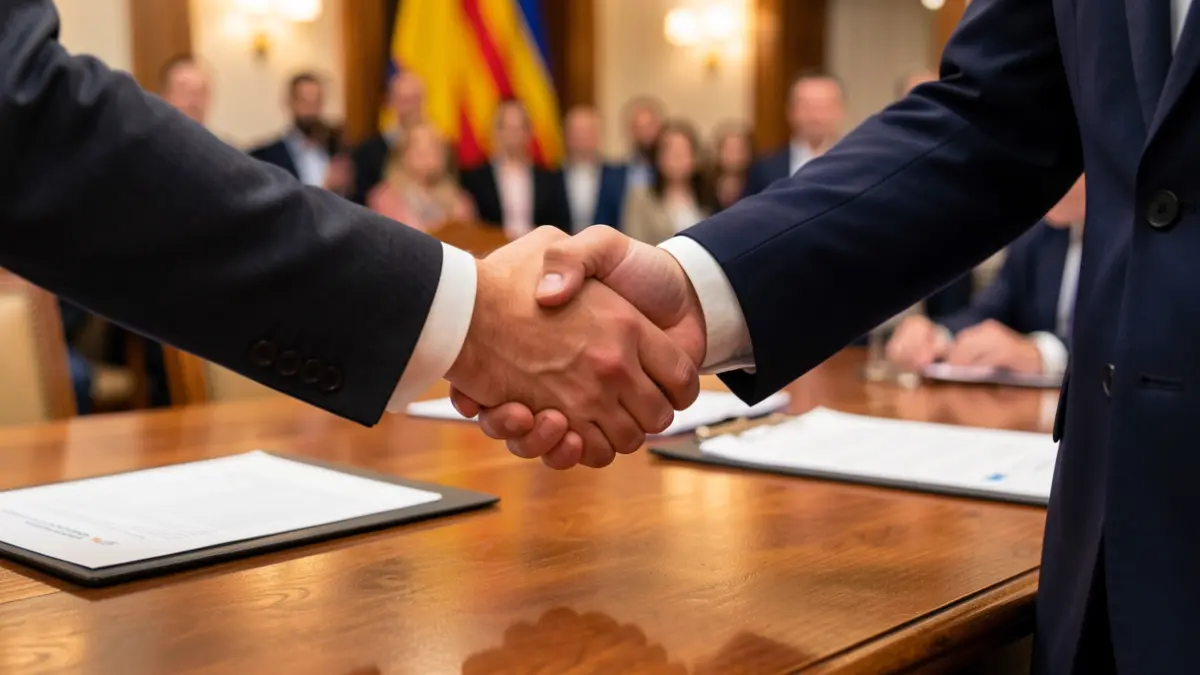 Imagen genérica de dos personas dándose la mano en un entorno empresarial.