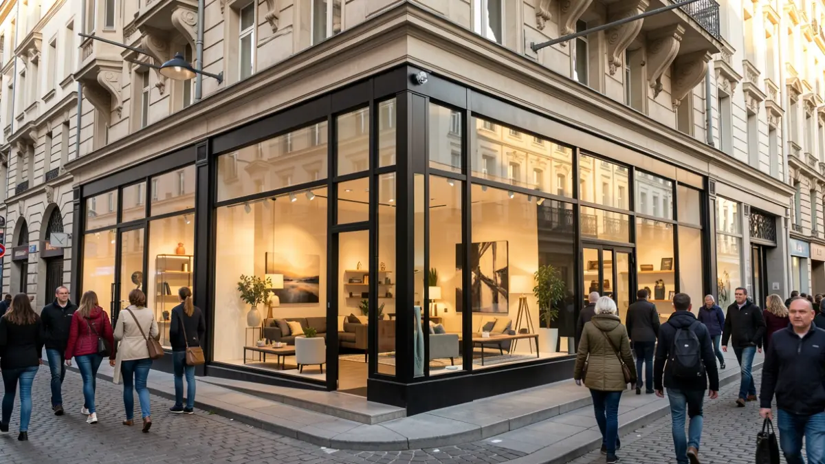Fachada de una tienda de muebles moderna con grandes escaparates en una calle de la ciudad, mostrando elementos de diseño de interiores contemporáneos, luz cálida de la tarde, estilo de fotografía documental.