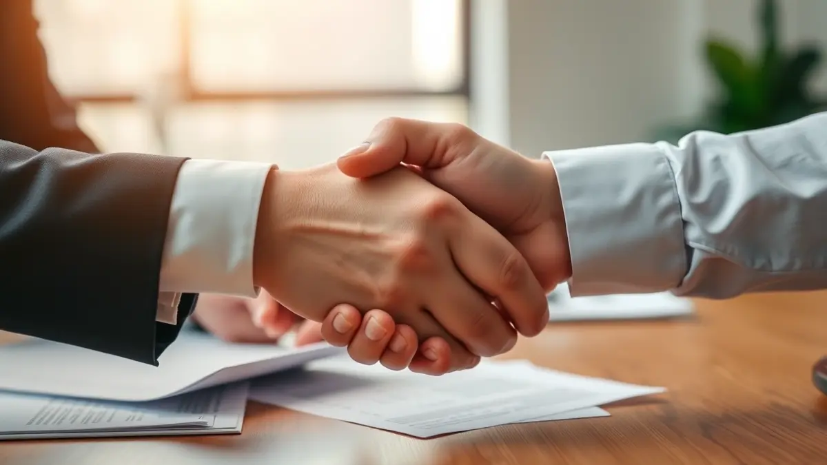 Imagen genérica de un apretón de manos entre dos personas en un entorno de oficina, simbolizando una colaboración empresarial.