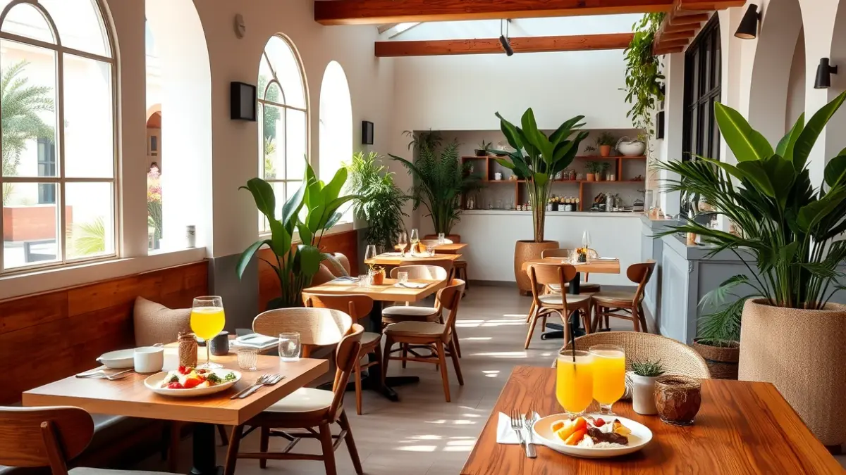 Generic image of a modern and cozy brunch spot with wooden tables and plants, with natural light.